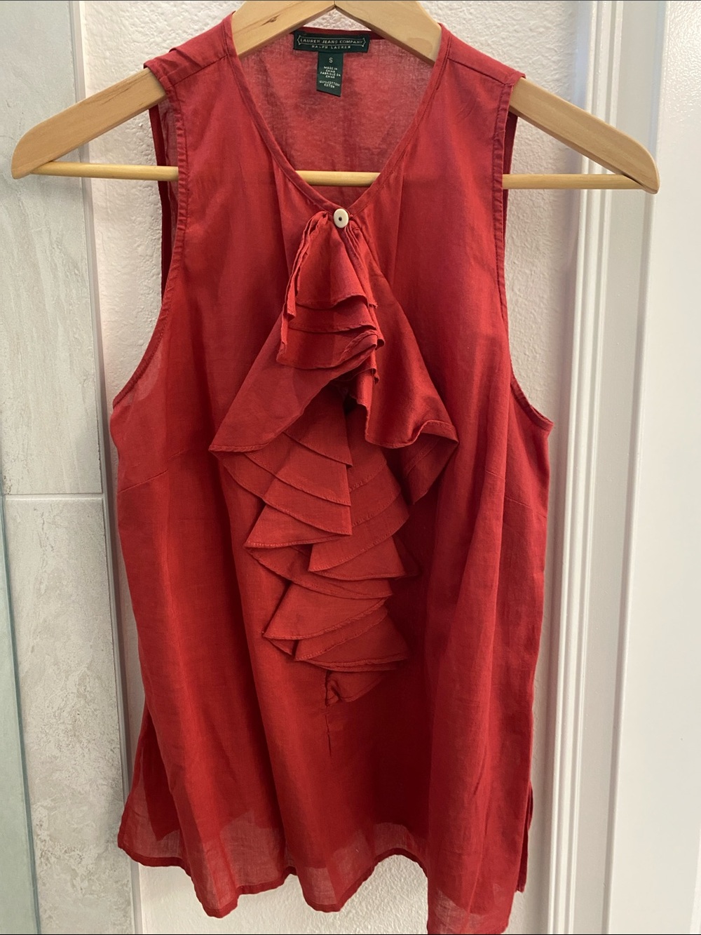 Lauren Ralph Lauren Red Sleeveless Ruffle-Front Top